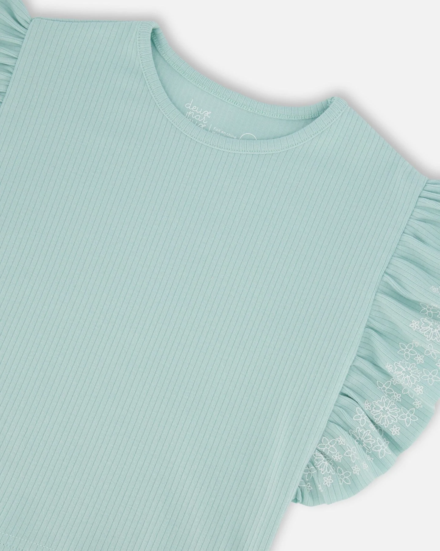 Flat Back Rib Tee With Embroidery And Frills Pale Teal