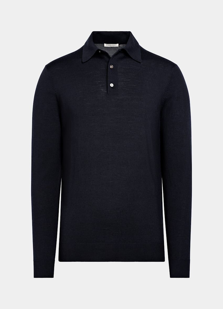 Navy Merino Long Sleeve Polo