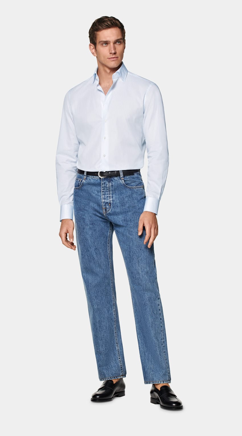 Light Blue Striped Poplin Tailored Fit Shirt