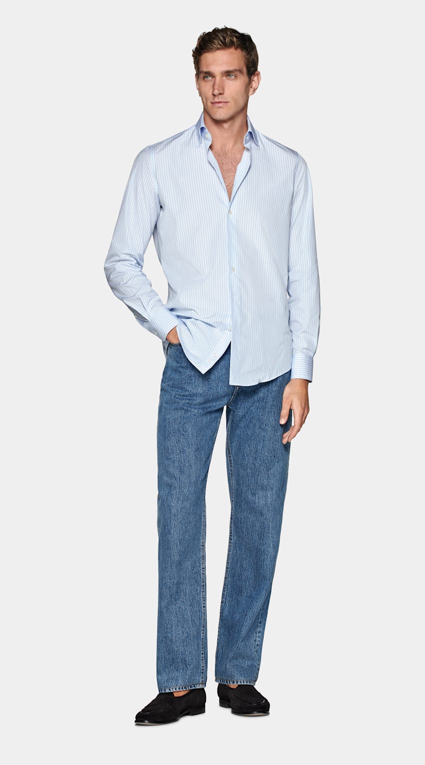 Light Blue Striped Poplin Slim Fit Shirt