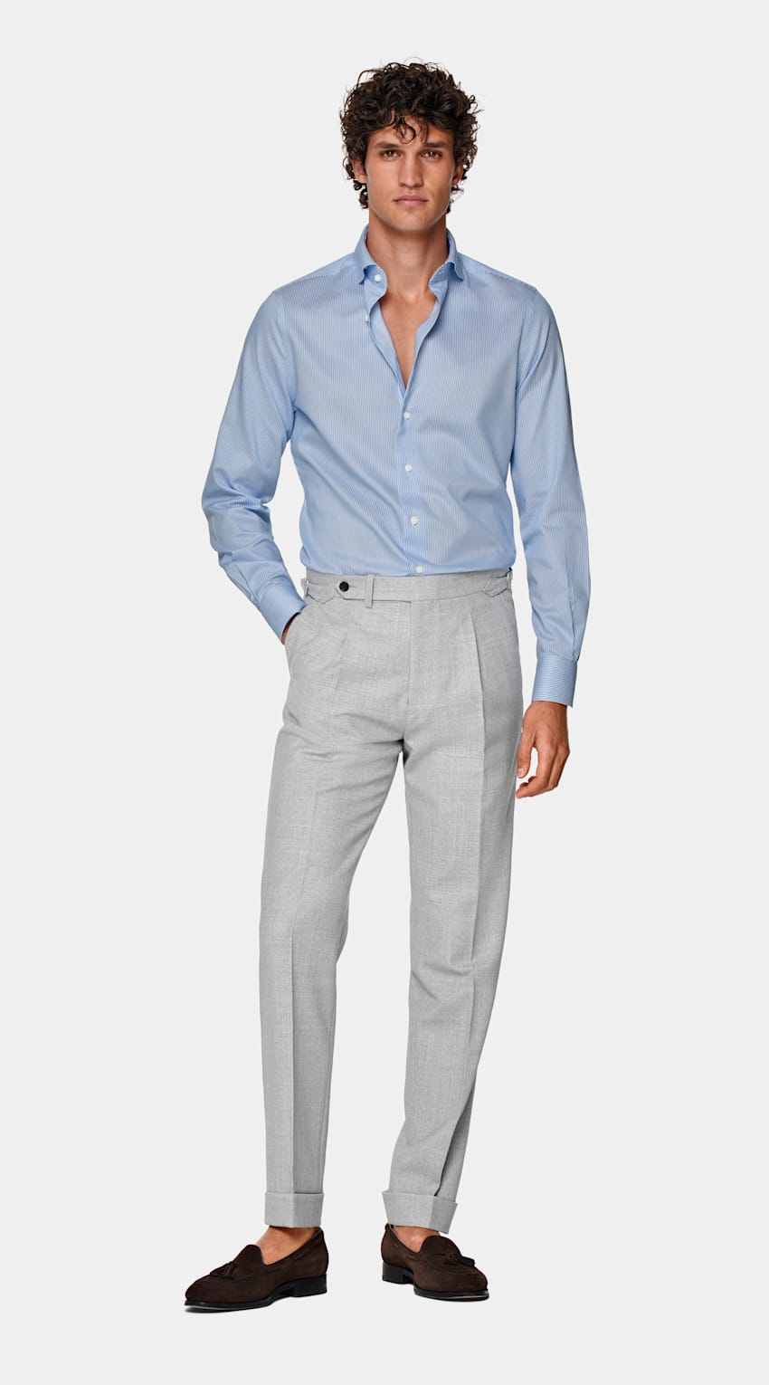 Mid Blue Striped Twill Extra Slim Fit Shirt