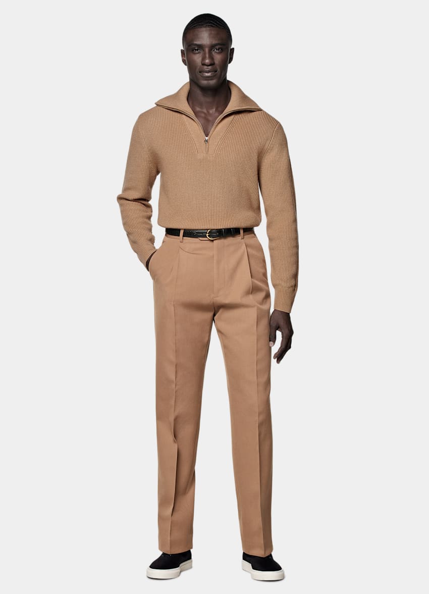 Mid Brown Ribbed Half Zip