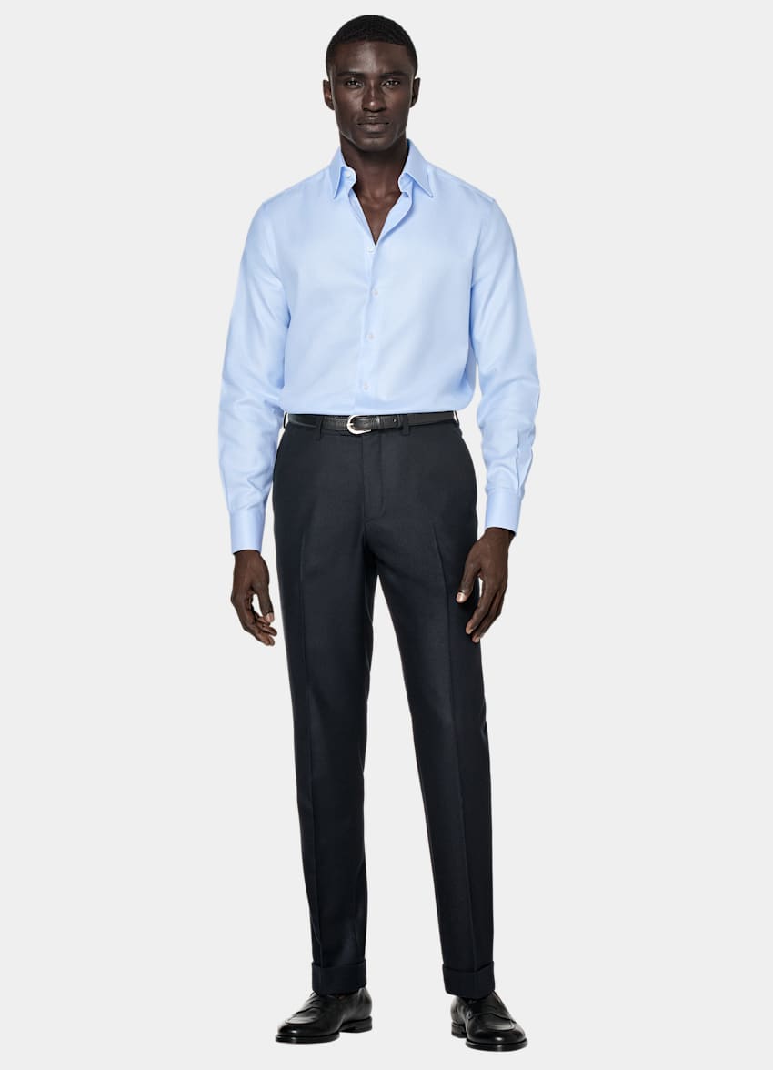 Light Blue Houndstooth Twill Slim Fit Shirt
