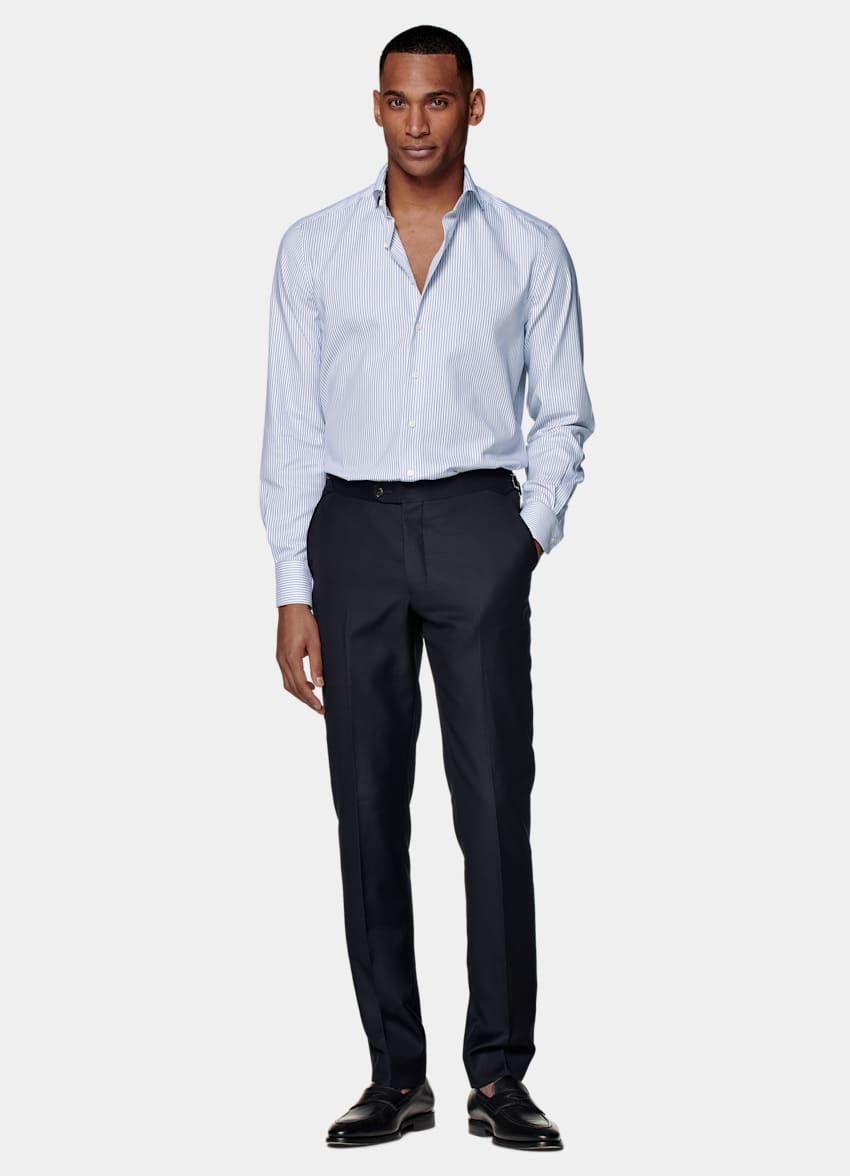 Navy Striped Royal Oxford Slim Fit Shirt