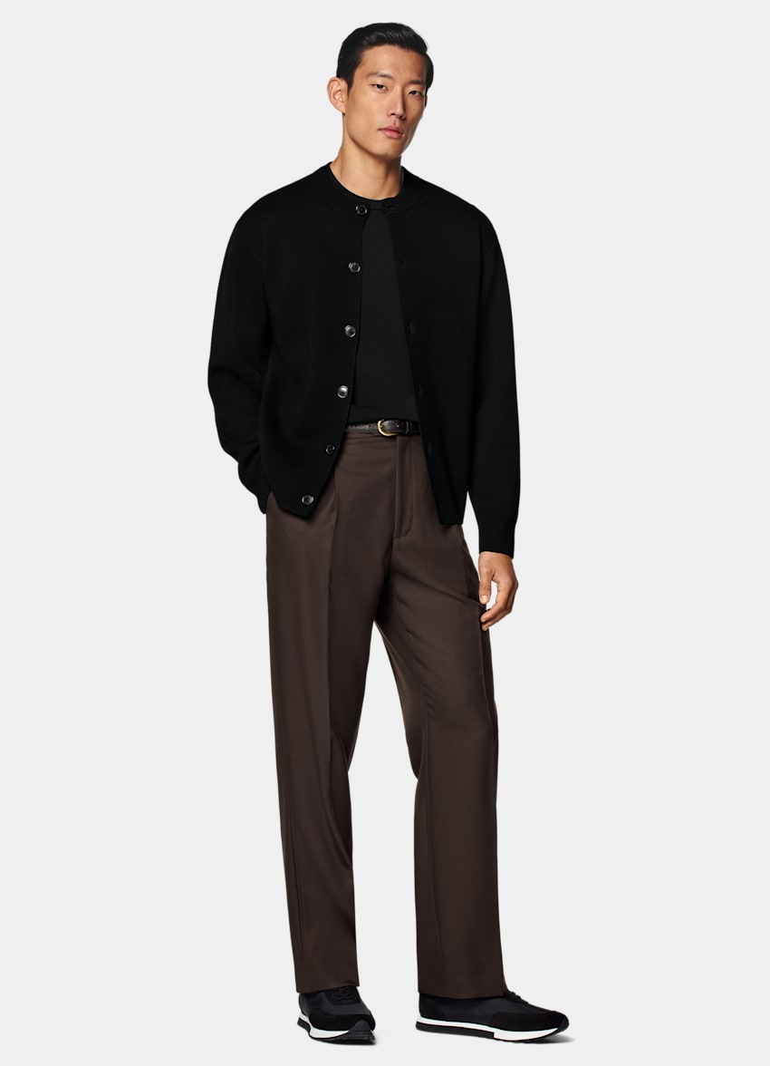 Black Merino Crewneck Cardigan