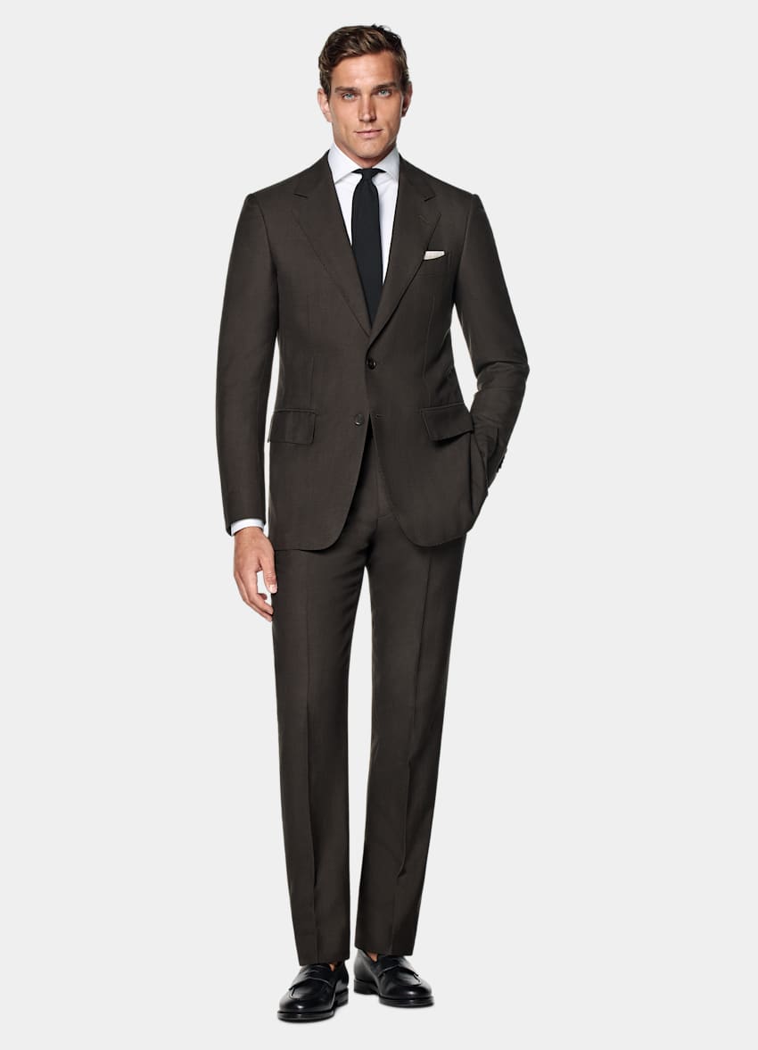 Dark Brown Herringbone Tailored Fit Milano Suit