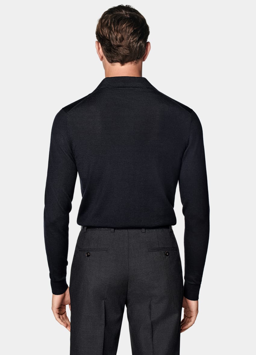 Navy Merino Long Sleeve Polo