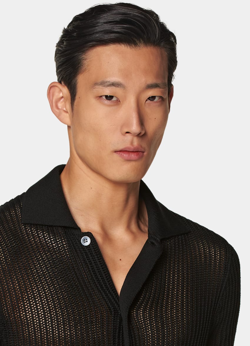 Black Crochet Polo Cardigan