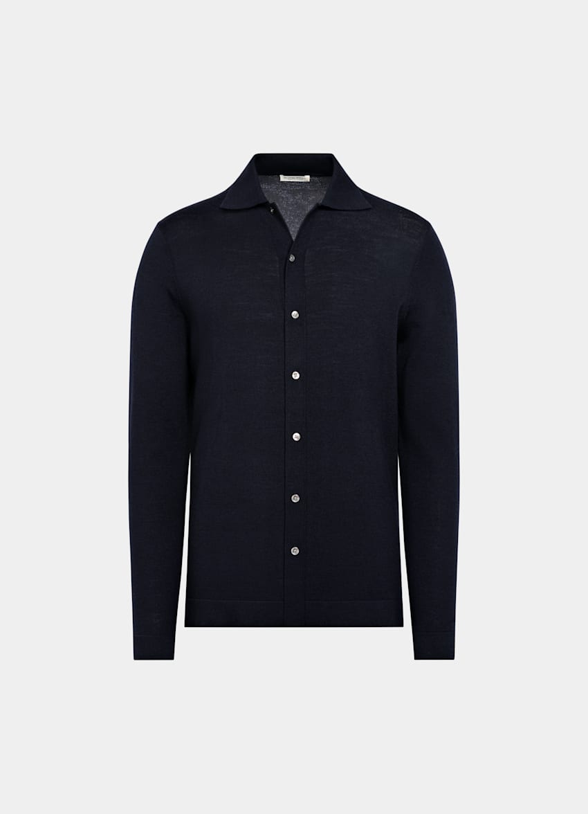 Navy Merino Long Sleeve Polo Cardigan