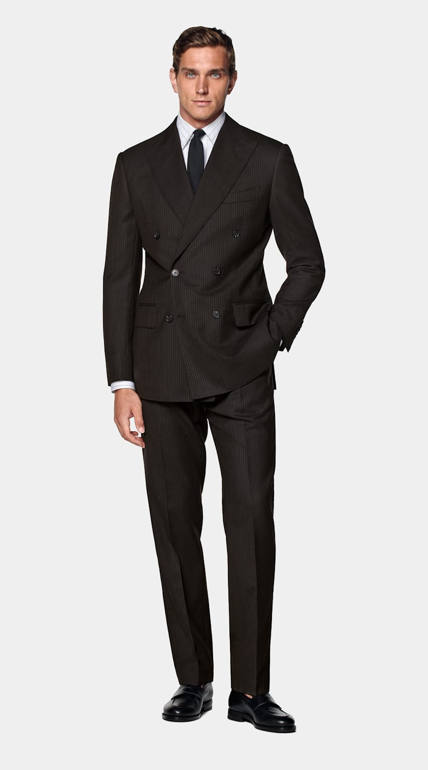 Dark Brown Striped Tailored Fit Milano Suit