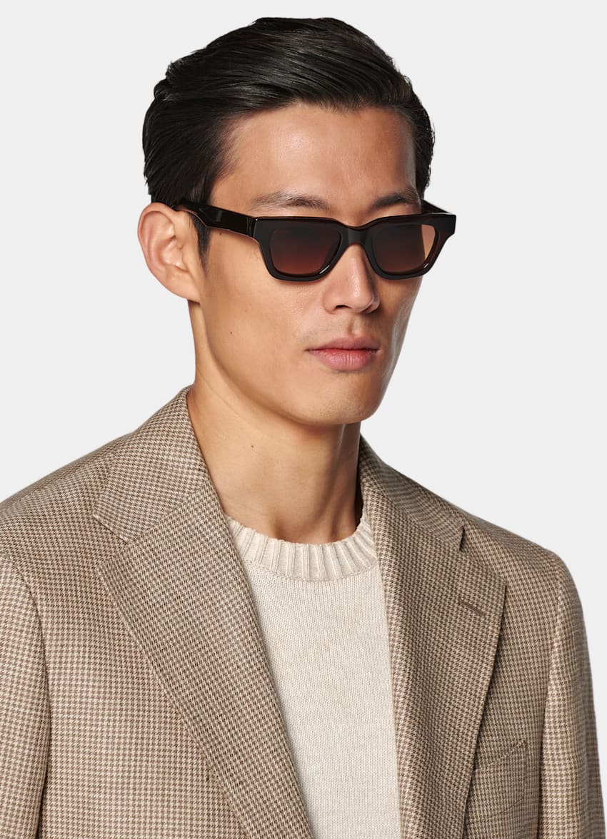 Mid Brown Houndstooth Relaxed Fit Roma Blazer
