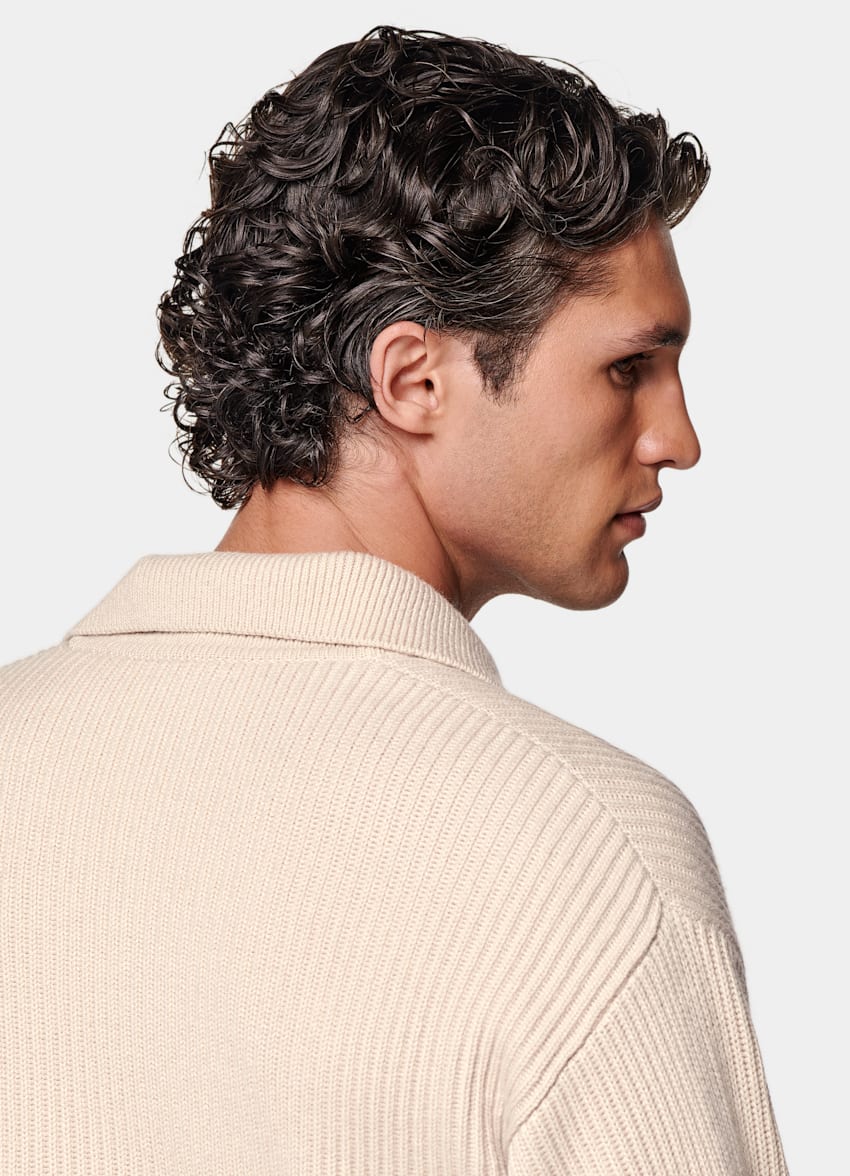 Sand Ribbed Long Sleeve Buttonless Polo
