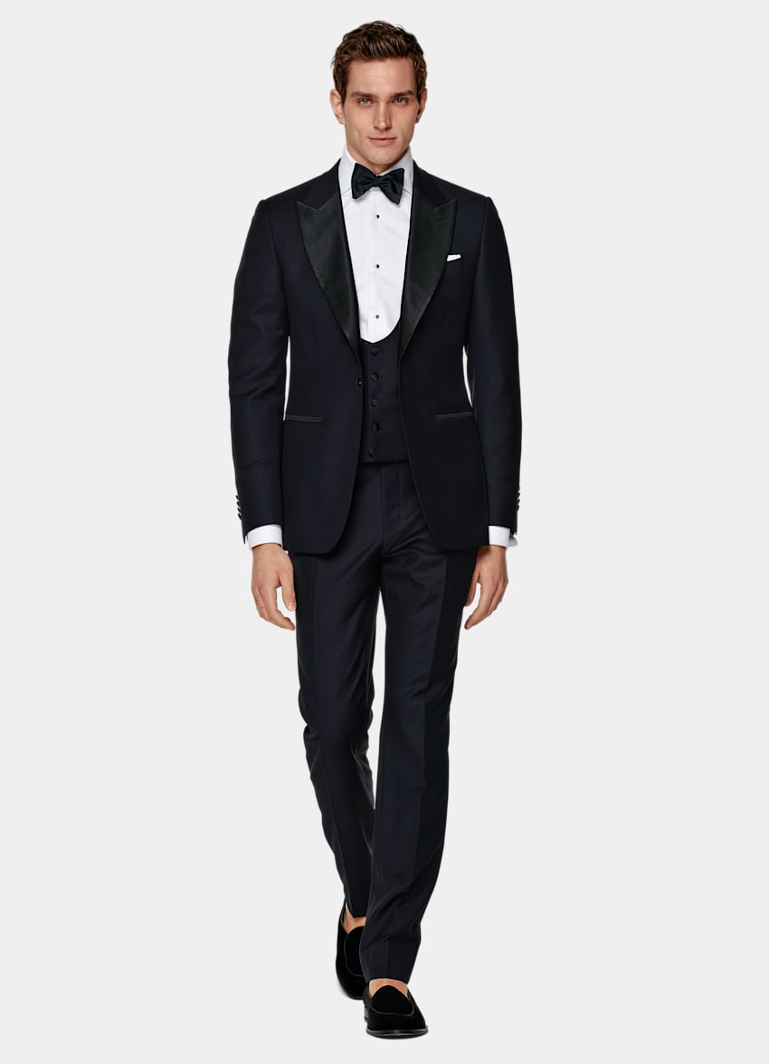 Navy Slim Leg Straight Tuxedo Pants