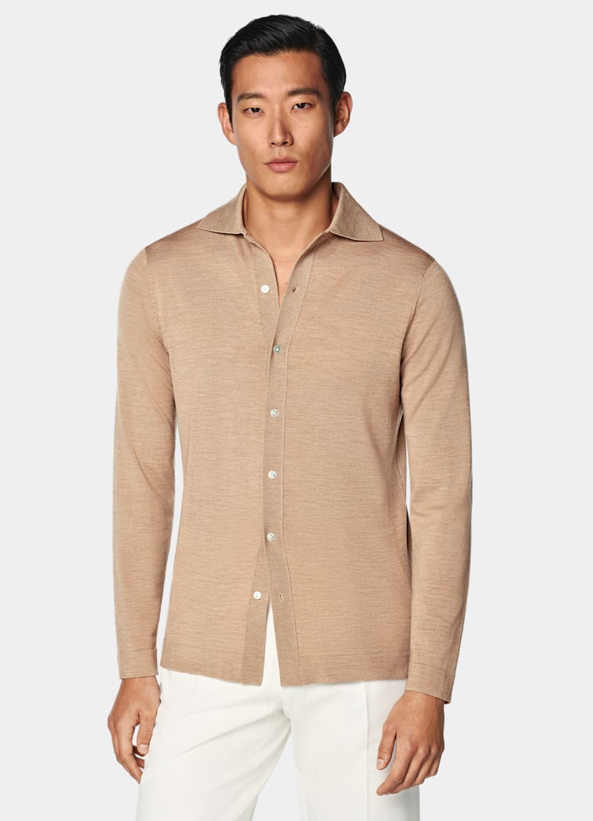 Mid Brown Merino Long Sleeve Polo Cardigan