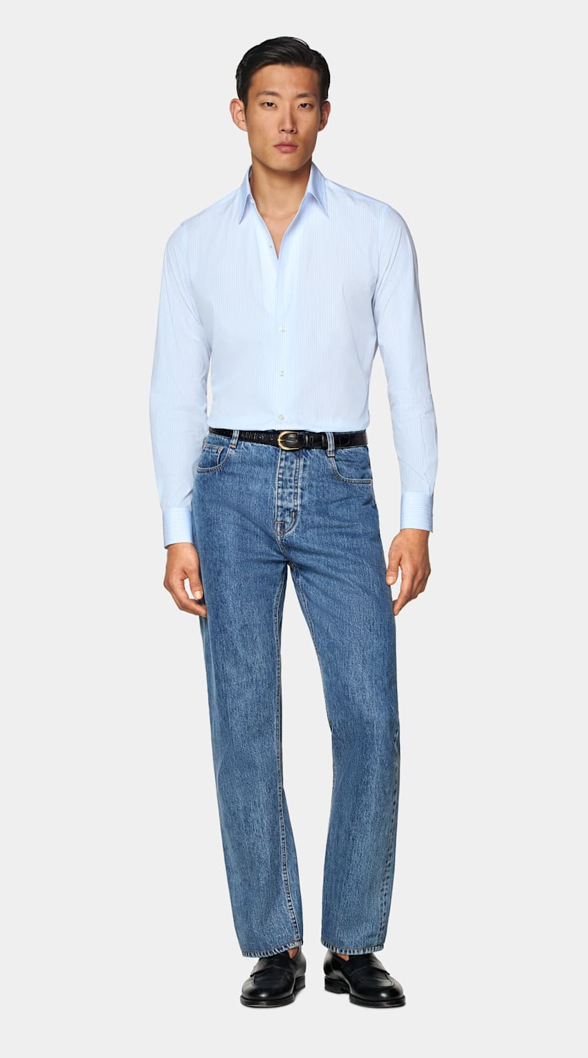 Light Blue Striped Classic Collar One Piece Tailored Fit Shirt