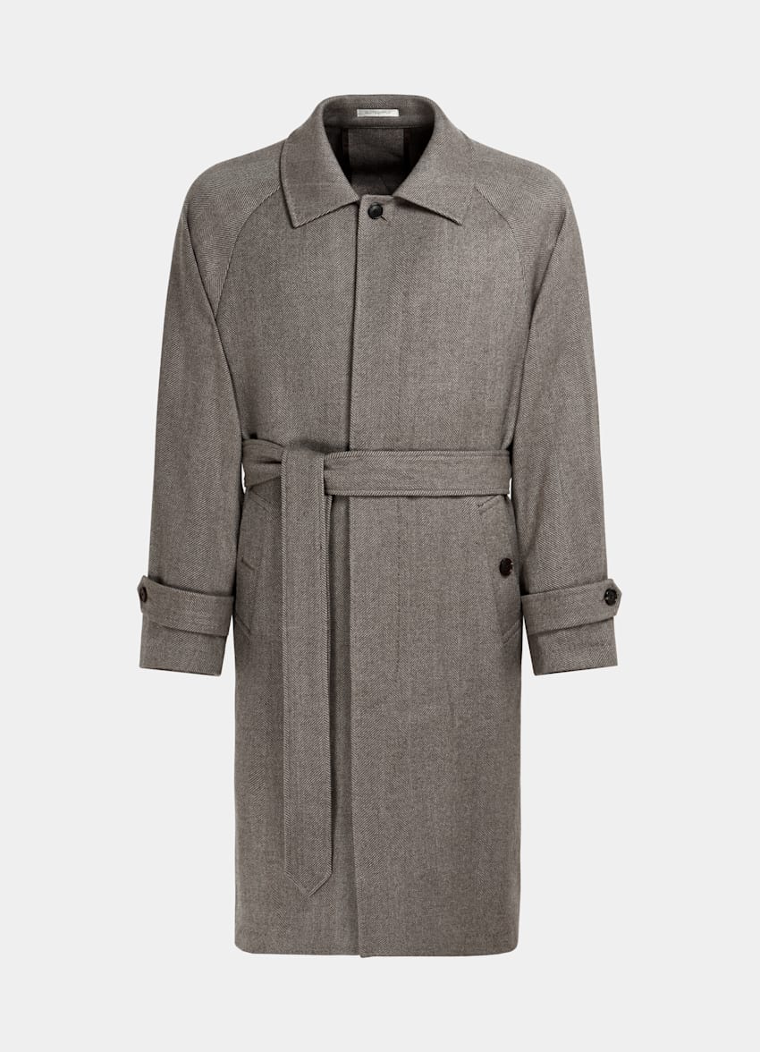 Taupe Herringbone Belted Overcoat