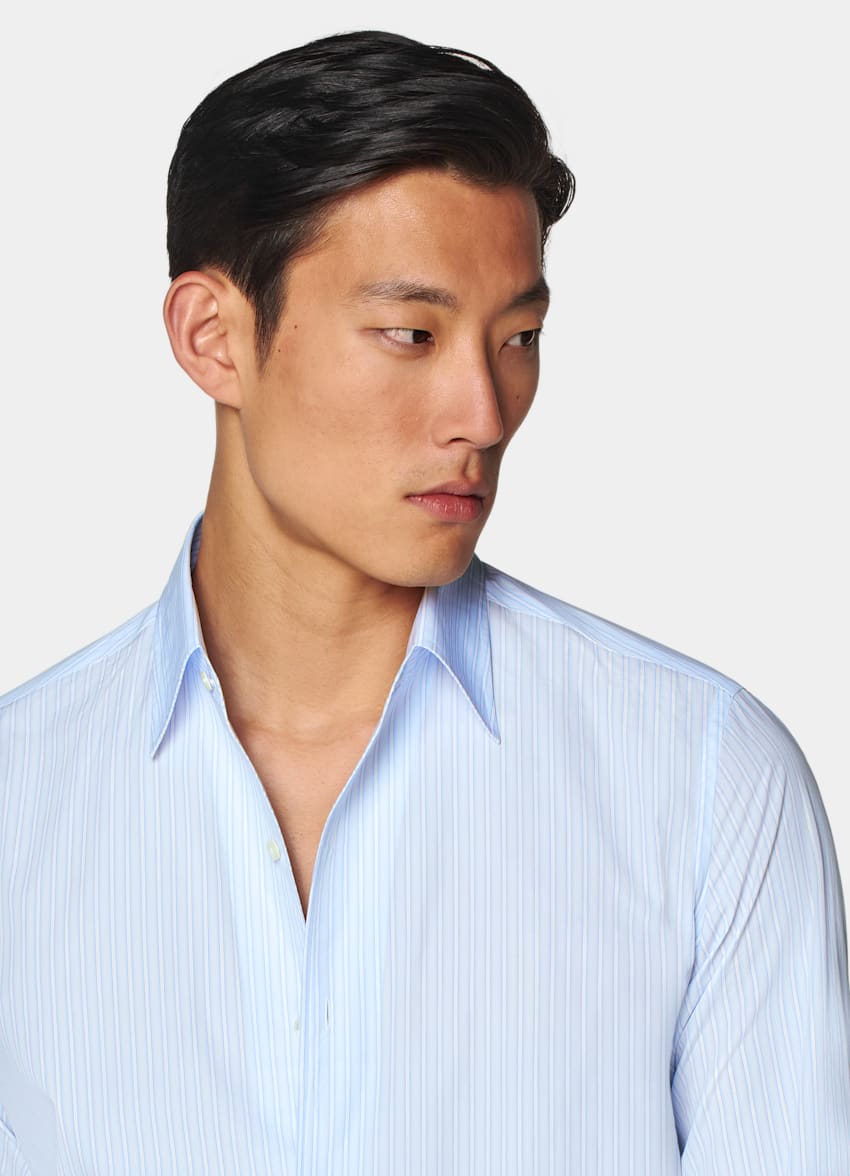 Light Blue Striped Classic Collar One Piece Tailored Fit Shirt