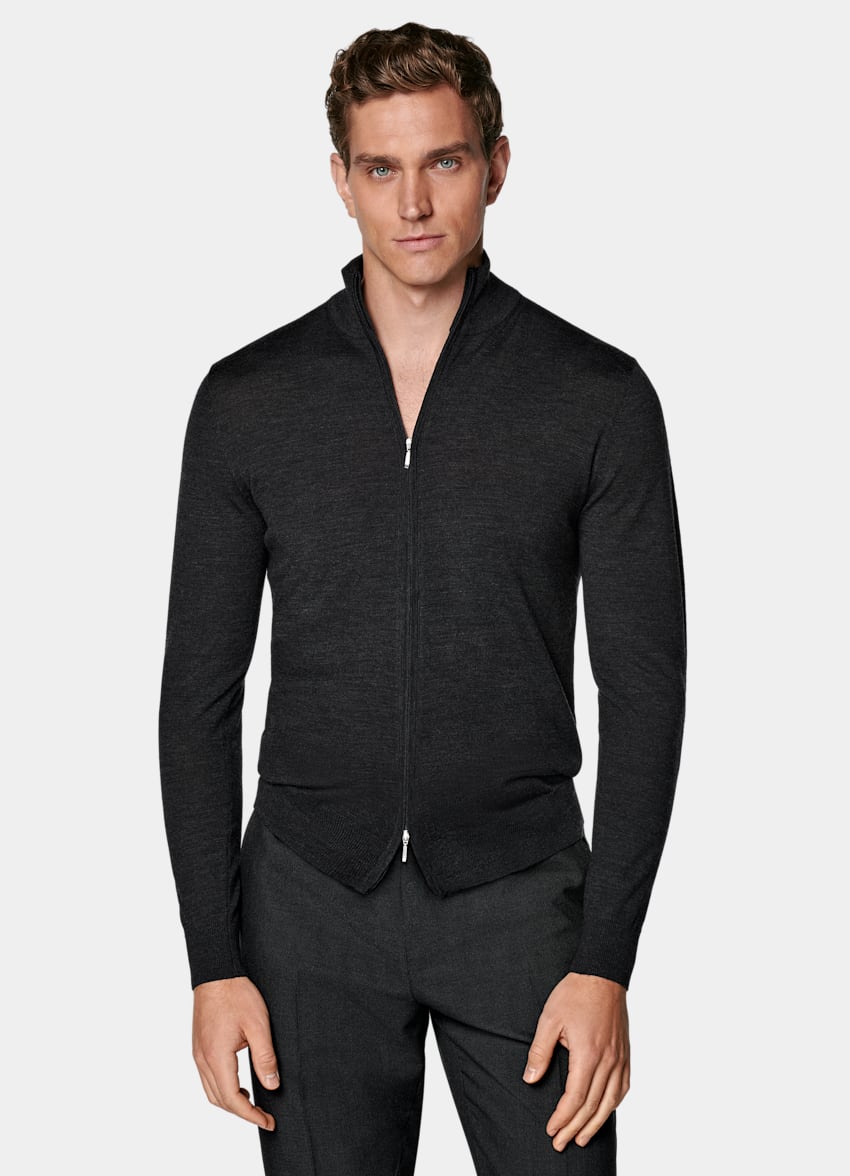 Dark Grey Merino Zip Cardigan