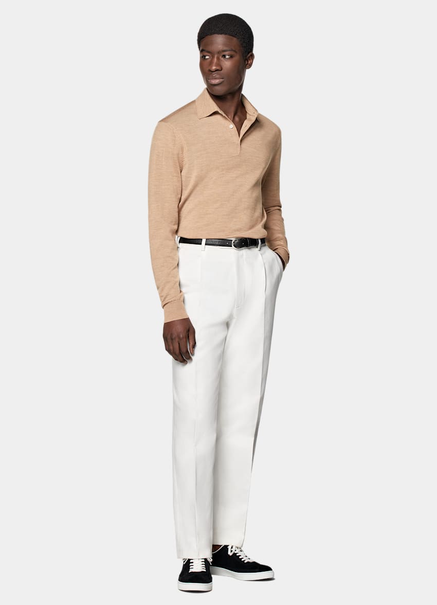 Mid Brown Merino Long Sleeve Polo