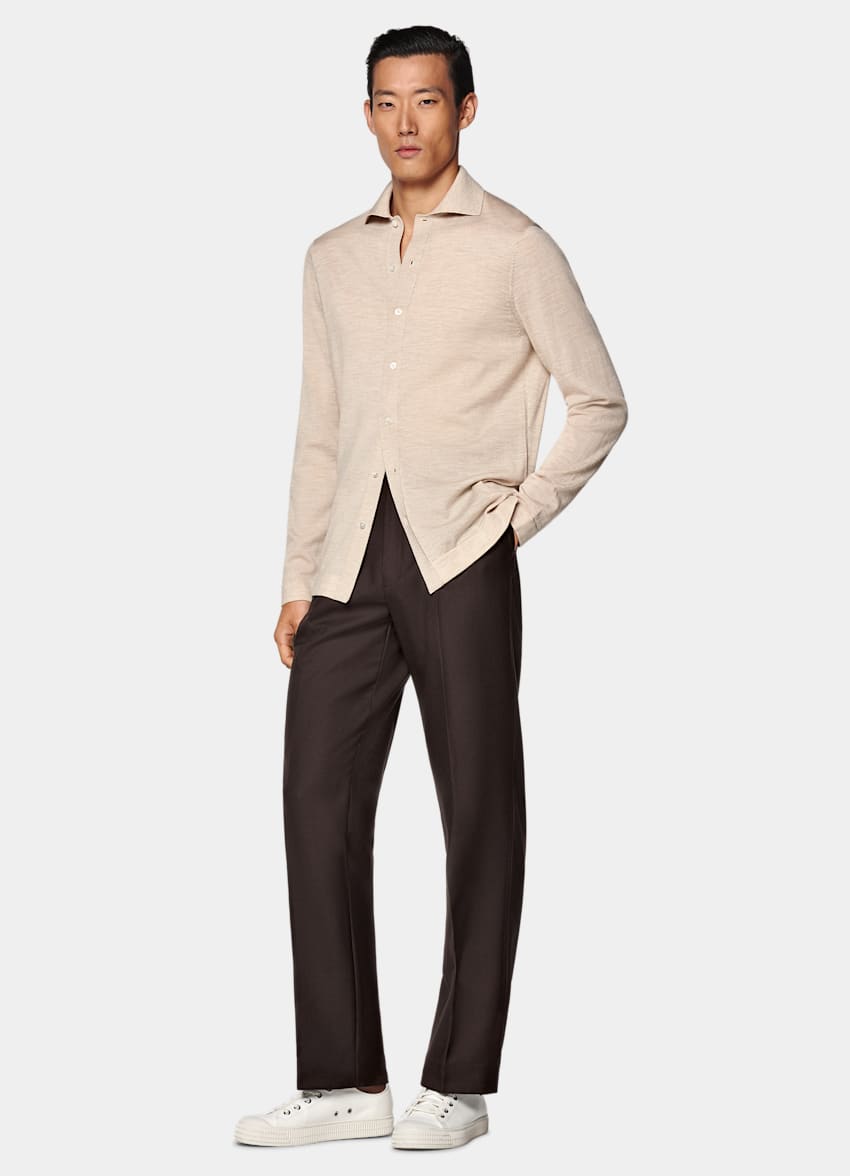 Sand Merino Long Sleeve Polo Cardigan