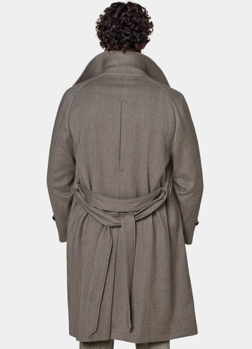 Taupe Herringbone Belted Overcoat