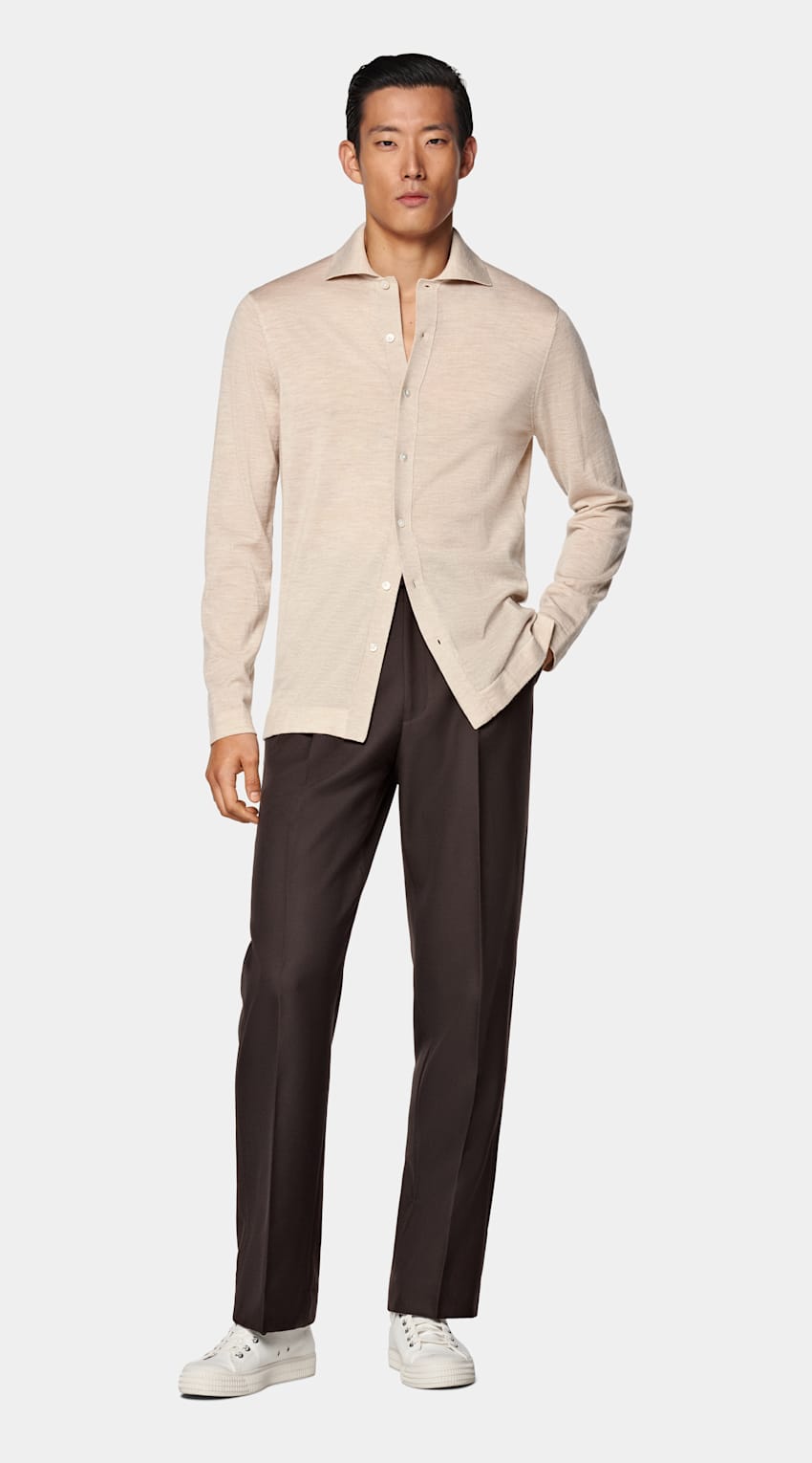 Sand Merino Long Sleeve Polo Cardigan