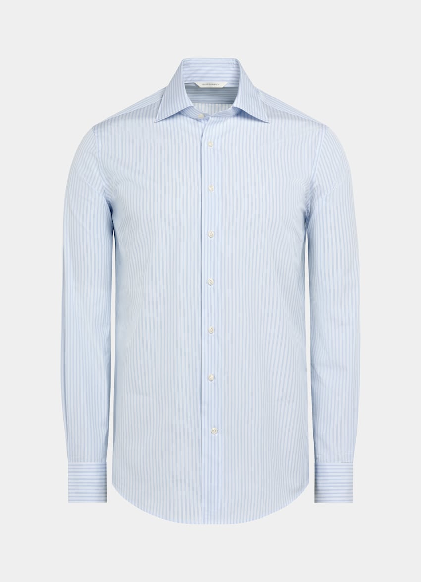 Light Blue Striped Poplin Slim Fit Shirt