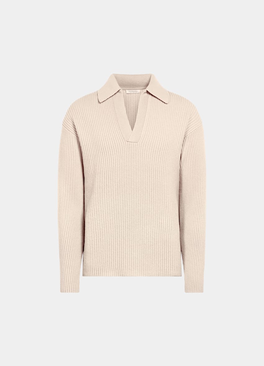 Sand Ribbed Long Sleeve Buttonless Polo
