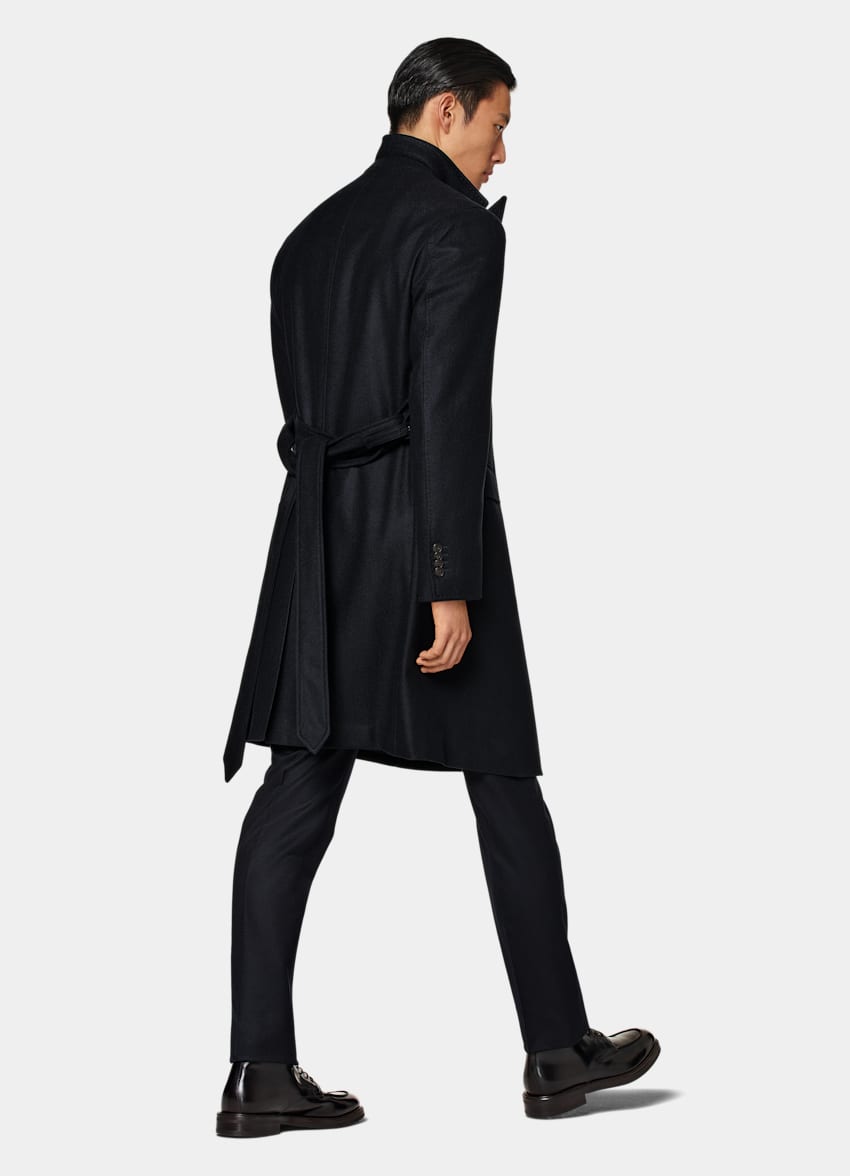 Navy Herringbone Belted Overcoat