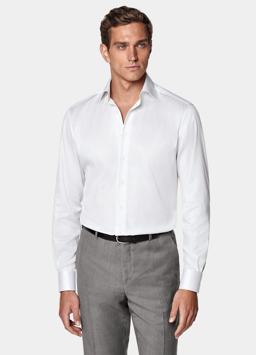 Grey Striped Twill Tailored Fit Shirt