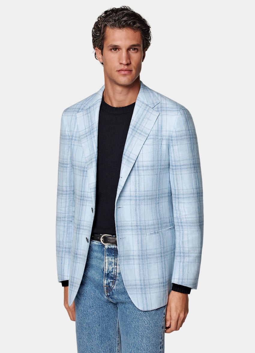 Light Blue Checked Tailored Fit Havana Blazer