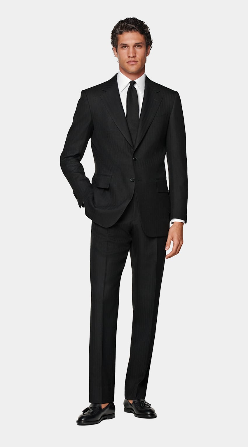 Black Herringbone Tailored Fit Milano Suit
