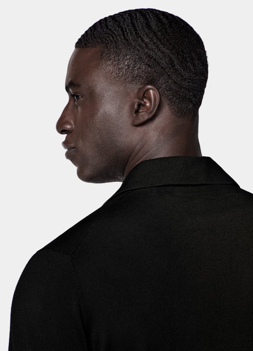 Black Merino Long Sleeve Polo Cardigan