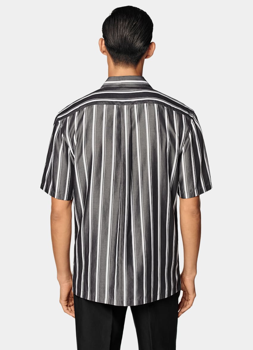 Black Striped Tailored Fit Short Sleeve Shirt