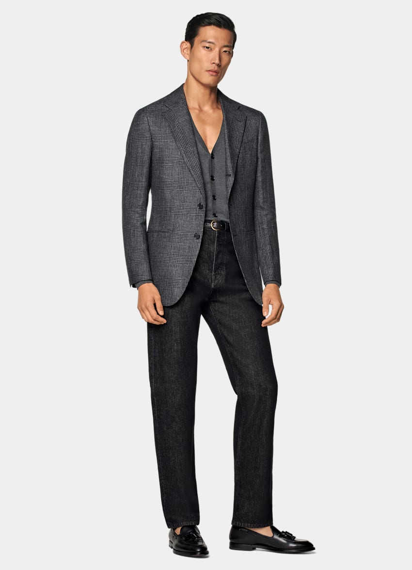 Dark Grey Checked Tailored Fit Havana Blazer