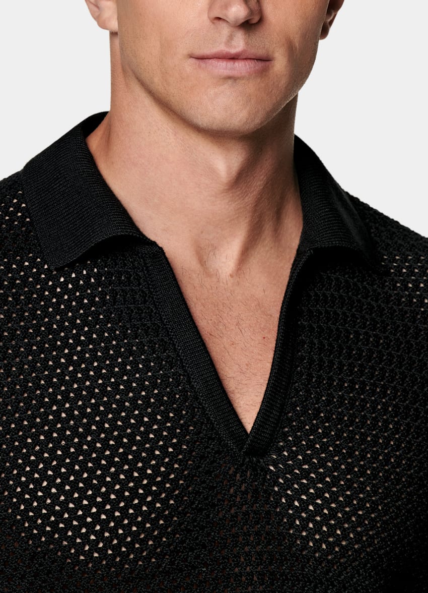 Black Crochet Buttonless Polo