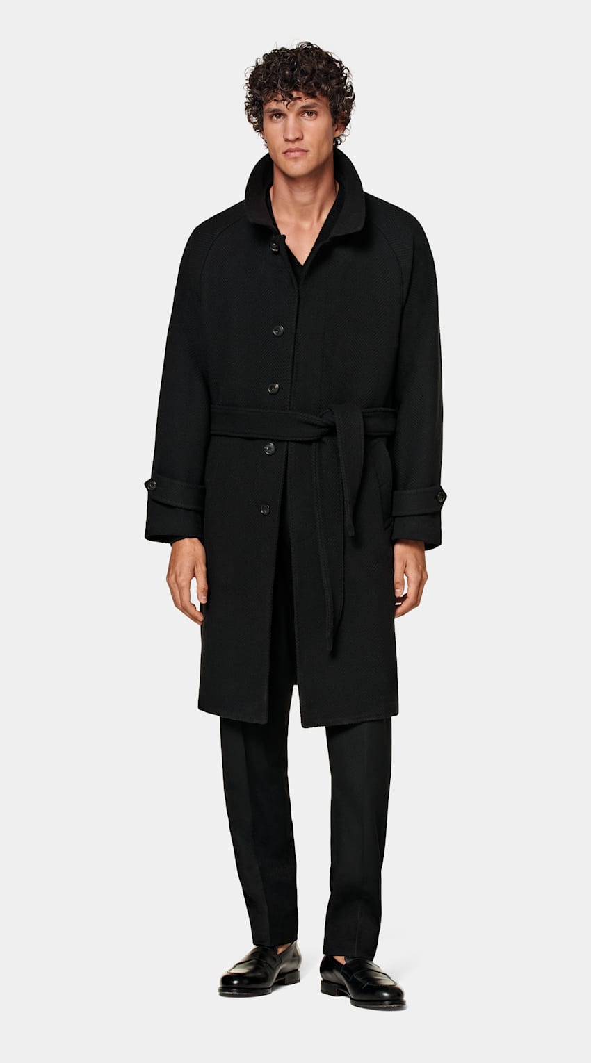 Black Herringbone Belted Overcoat