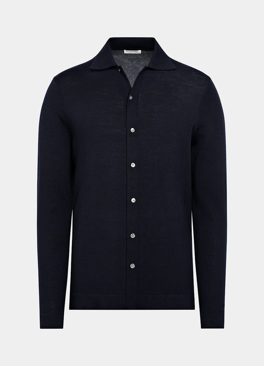 Navy Merino Long Sleeve Polo Cardigan