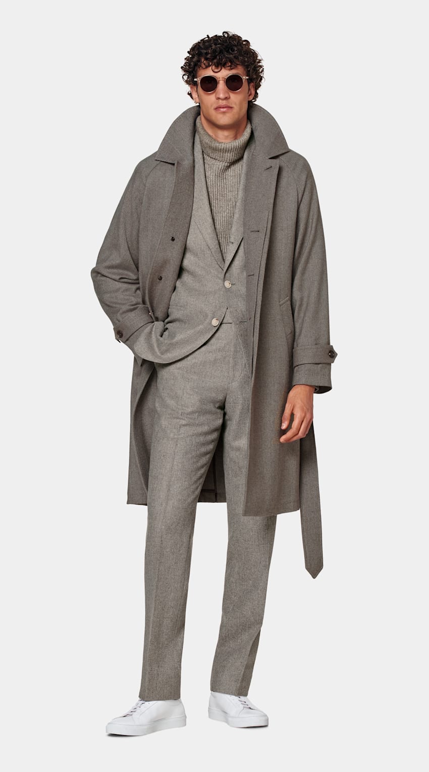 Taupe Herringbone Belted Overcoat