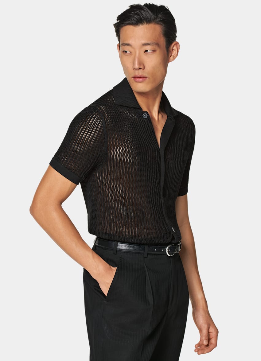 Black Crochet Polo Cardigan