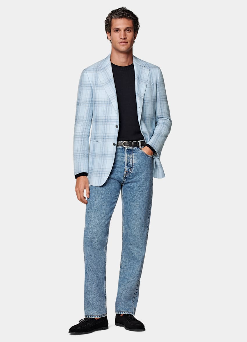 Light Blue Checked Tailored Fit Havana Blazer