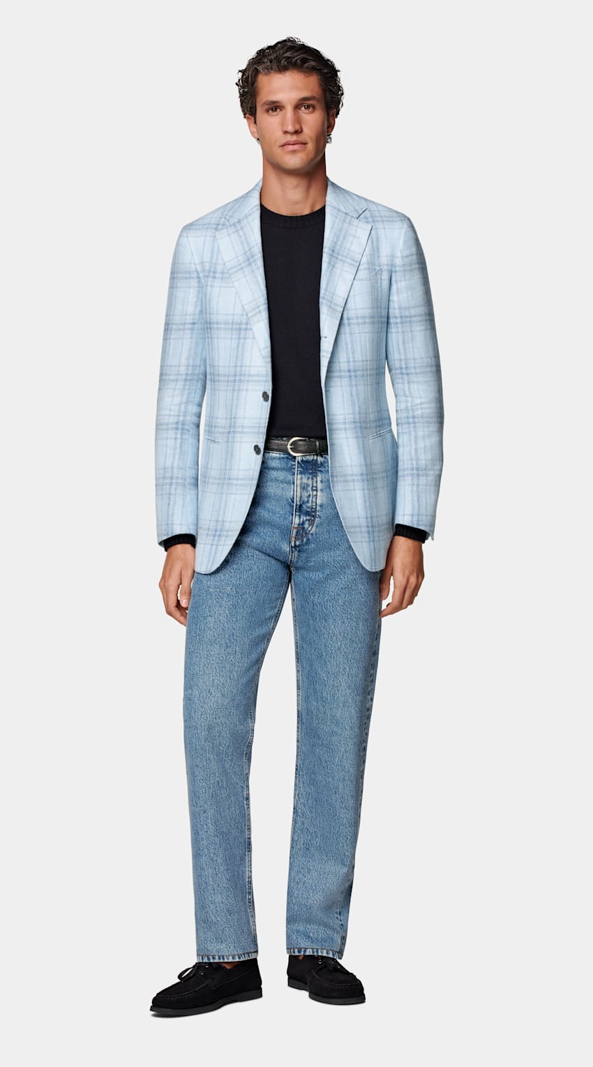 Light Blue Checked Tailored Fit Havana Blazer