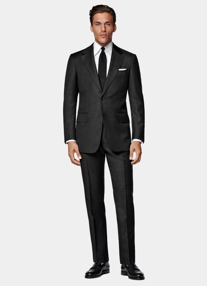 Dark Grey Striped Tailored Fit Milano Suit