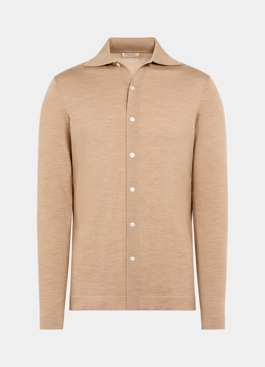 Mid Brown Merino Long Sleeve Polo Cardigan