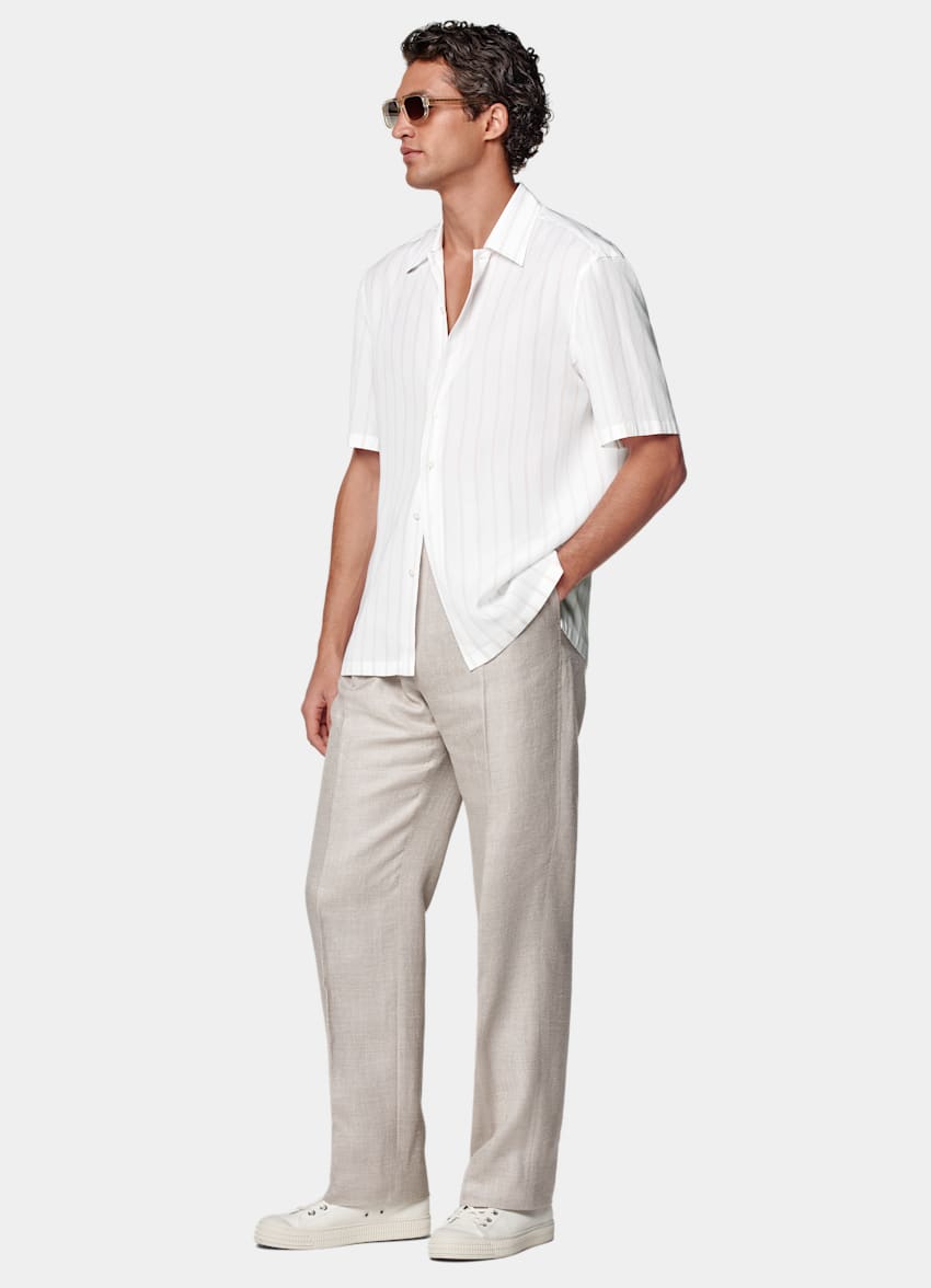 White Striped Tailored Fit Short Sleeve Shirt