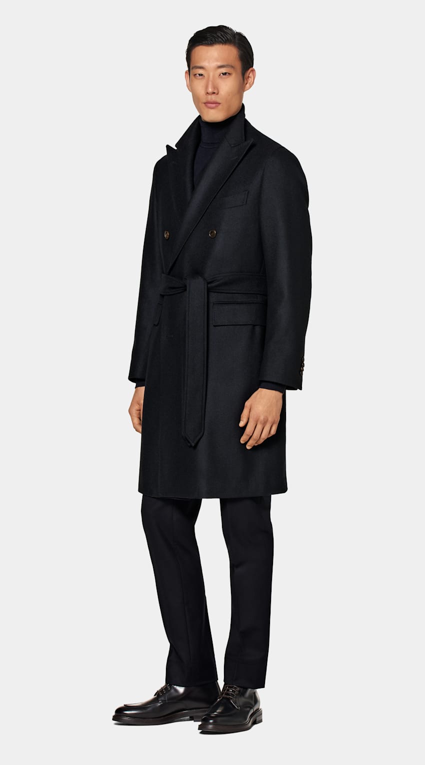 Navy Herringbone Belted Overcoat