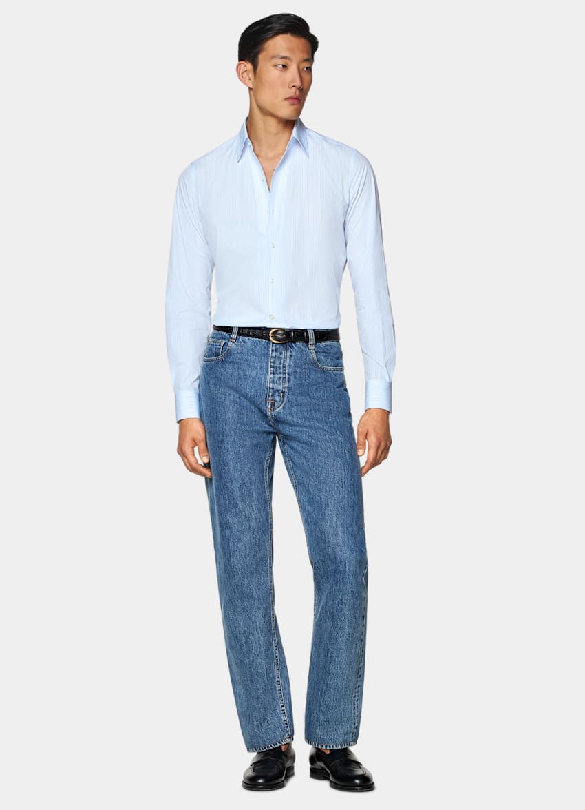 Light Blue Striped Classic Collar One Piece Tailored Fit Shirt