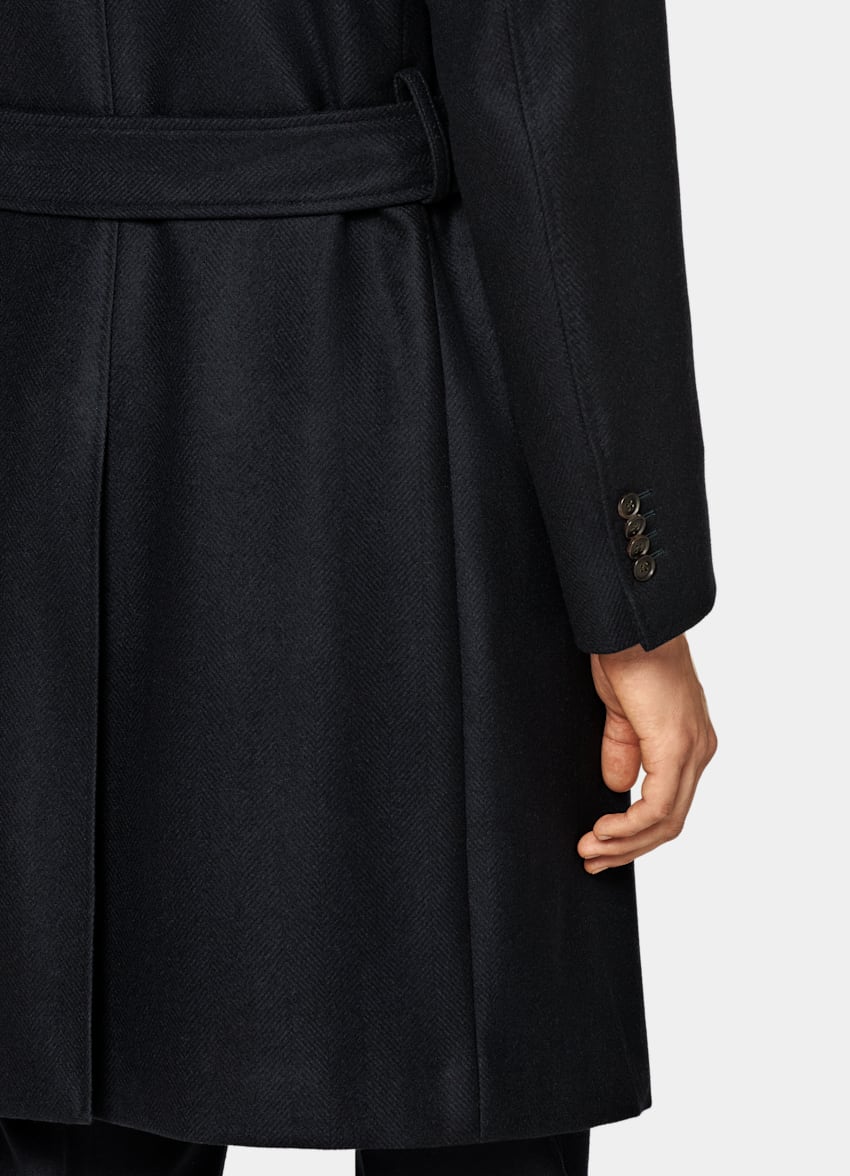 Navy Herringbone Belted Overcoat