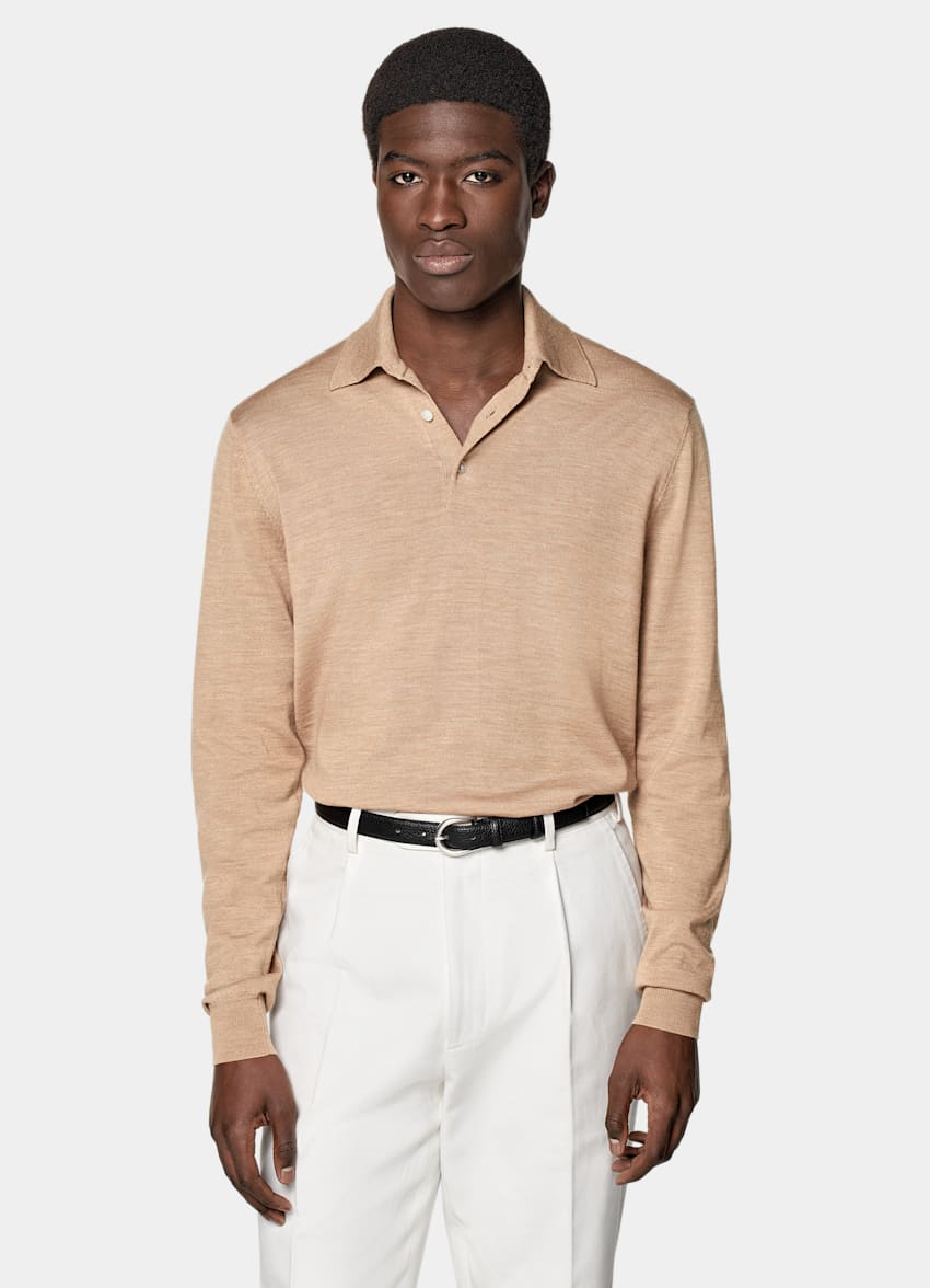 Mid Brown Merino Long Sleeve Polo
