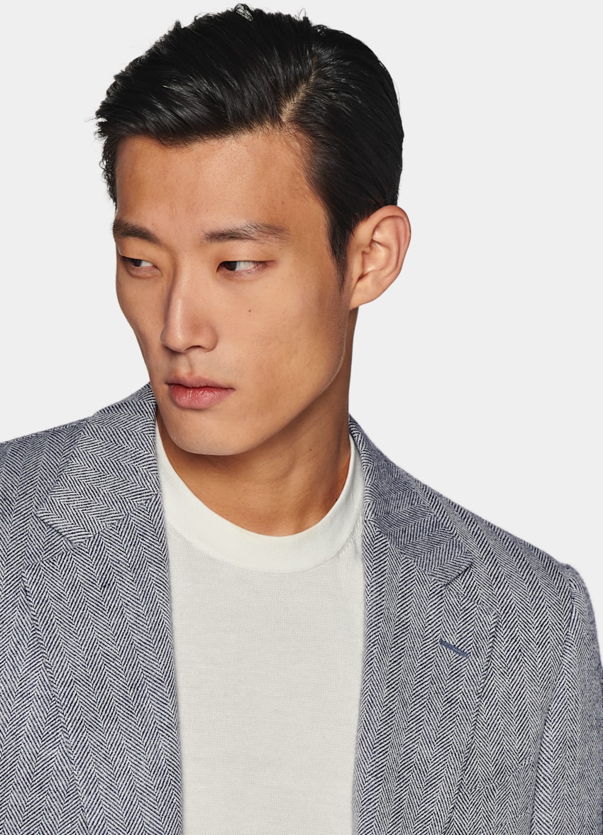Navy Herringbone Tailored Fit Milano Blazer